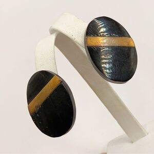 Vintage black bone and brass inlay stripe chunky oval stud earrings